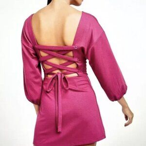 Free People L Bianca Knit Lace Up Corset Back Fairytale Pink Mini Dress